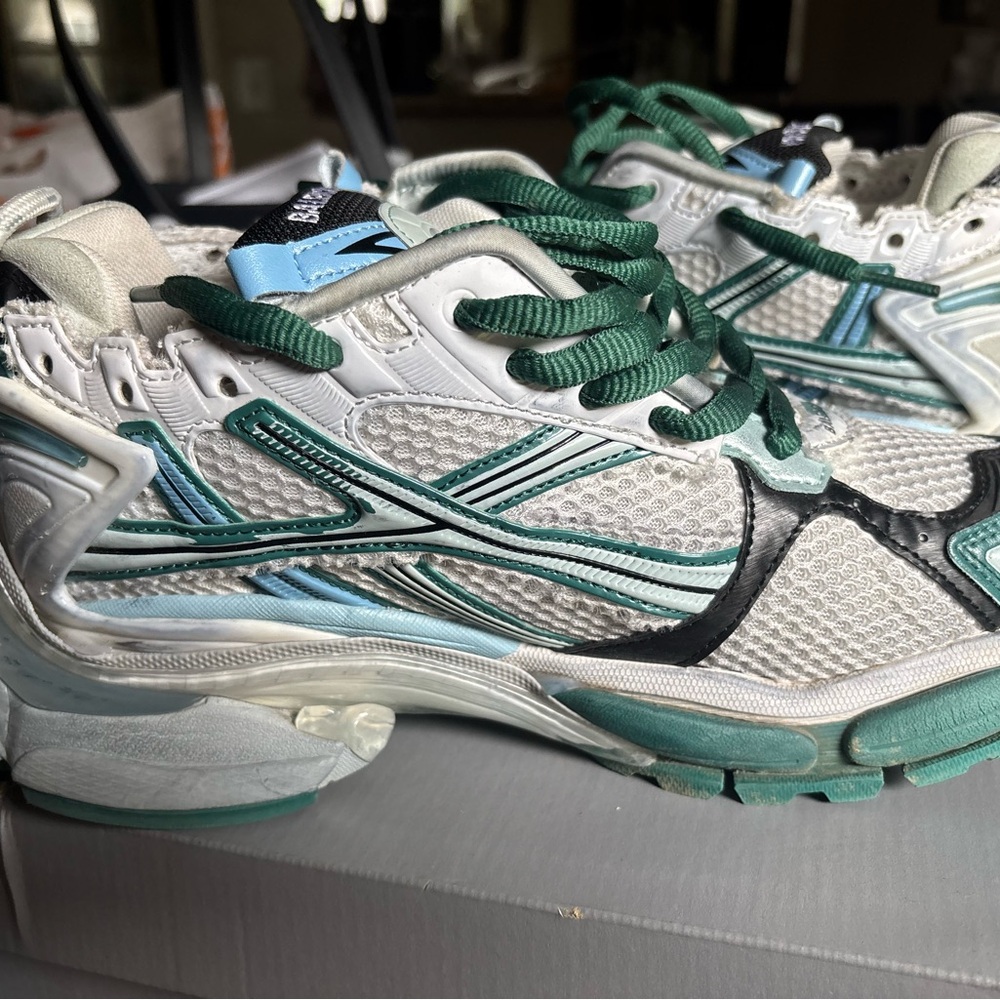 Balenciaga White and Teal Athletic Sneakers